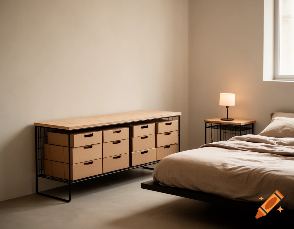 Photorealistic minimalist bedroom with a black wire dresser, cardboard box drawers, and a platform bed with neutral linens.