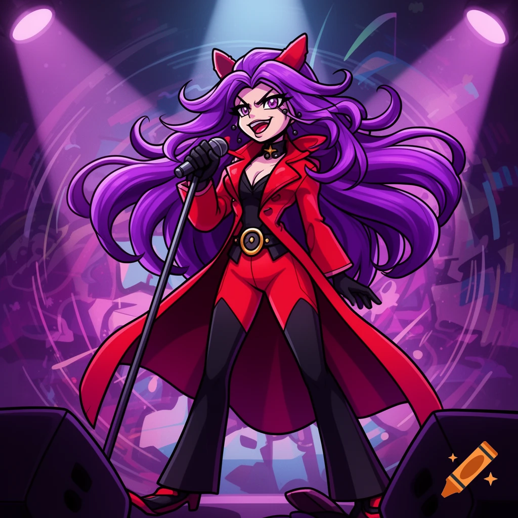 Cartoon character Mommy Mearest with purple hair, red devil horns, and a red coat, sings on a stage under purple spotlights.