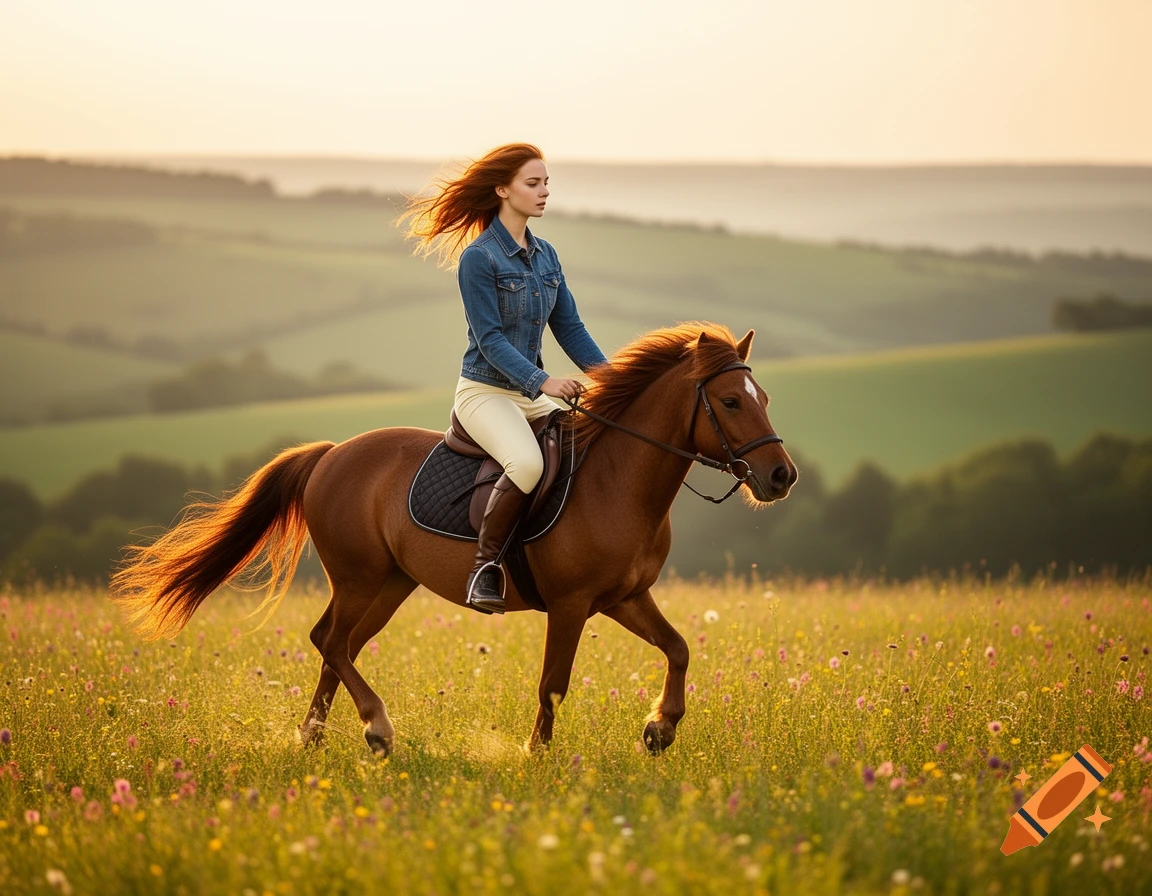 A red-haired woman on a brown horse rides through a sunlit field of wildflowers at golden hour.