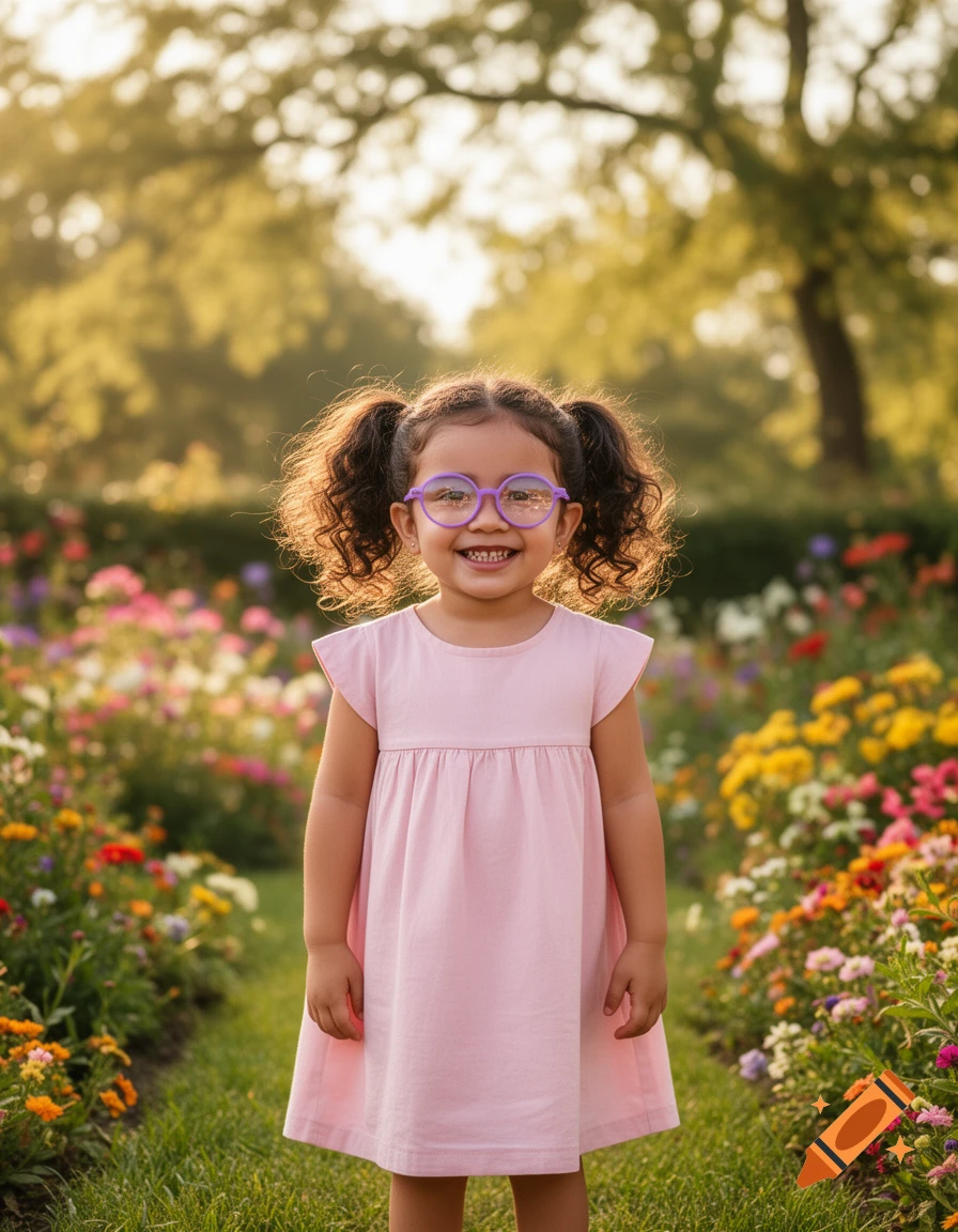 A smiling little girl with curly pigtails, purple glasses, and a pink dress stands in a vibrant flower garden.