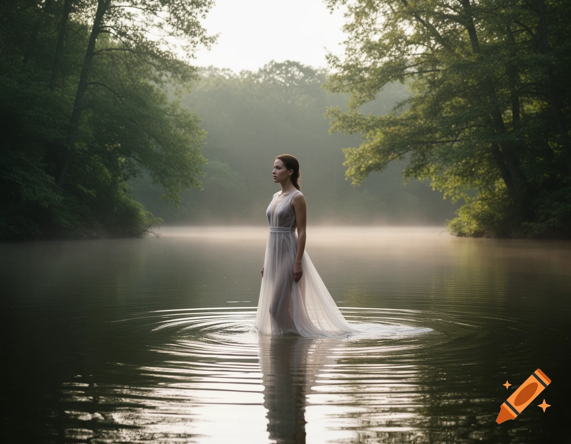 A woman in a translucent white dress stands in a misty forest lake at dawn, with trees reflecting in the calm water.
