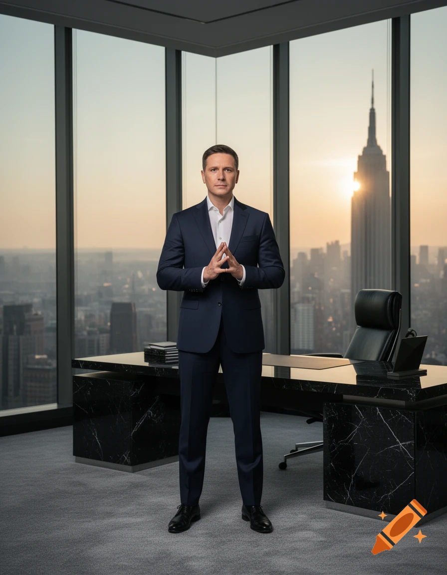 Photorealistic man in a dark suit standing in a modern office, city skyline with Empire State Building visible at sunset.