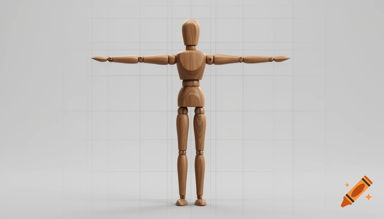 A photorealistic wooden artist's mannequin stands in a T-pose on a white grid background.
