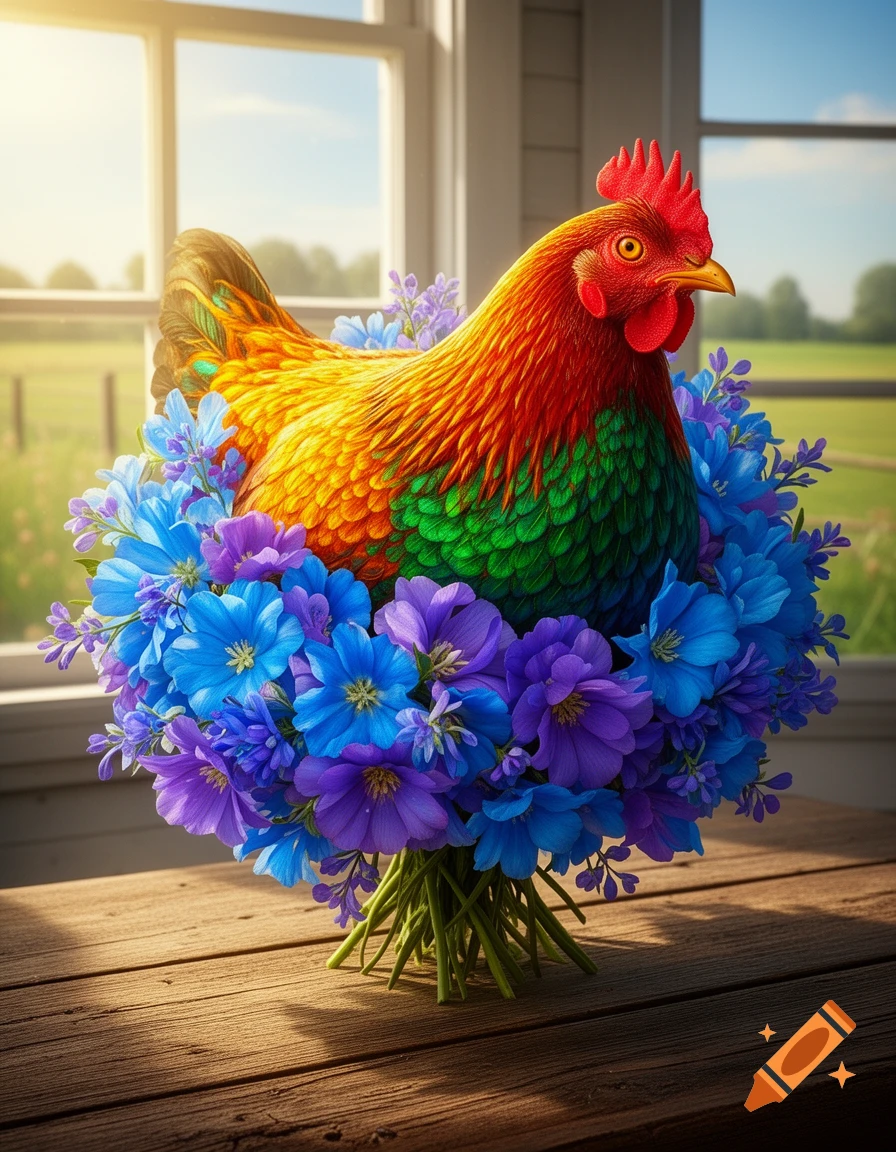A vibrant, colorful chicken formed from a bouquet of blue and purple flowers, standing on a wooden table with a sunny window background.