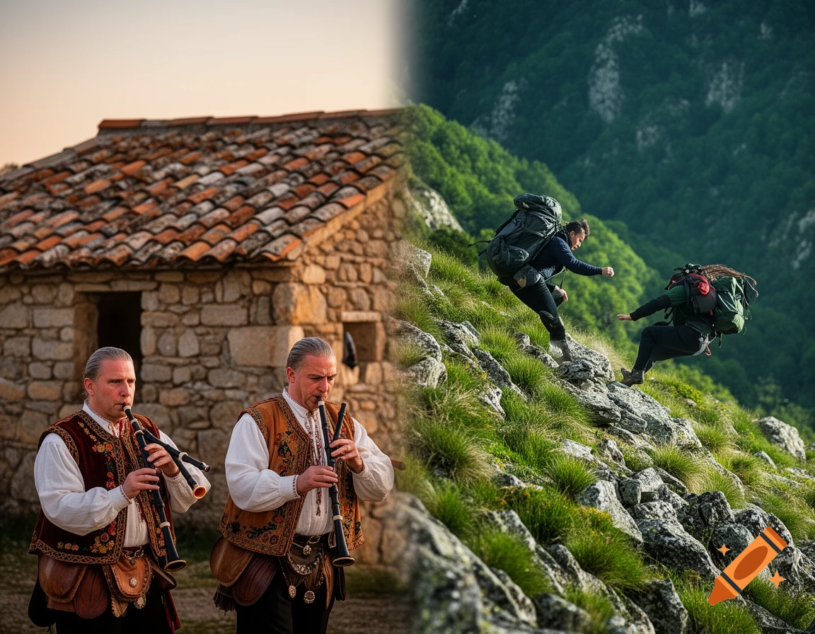 Split image of men playing dulzainas near a stone house and hikers on a steep green mountain.