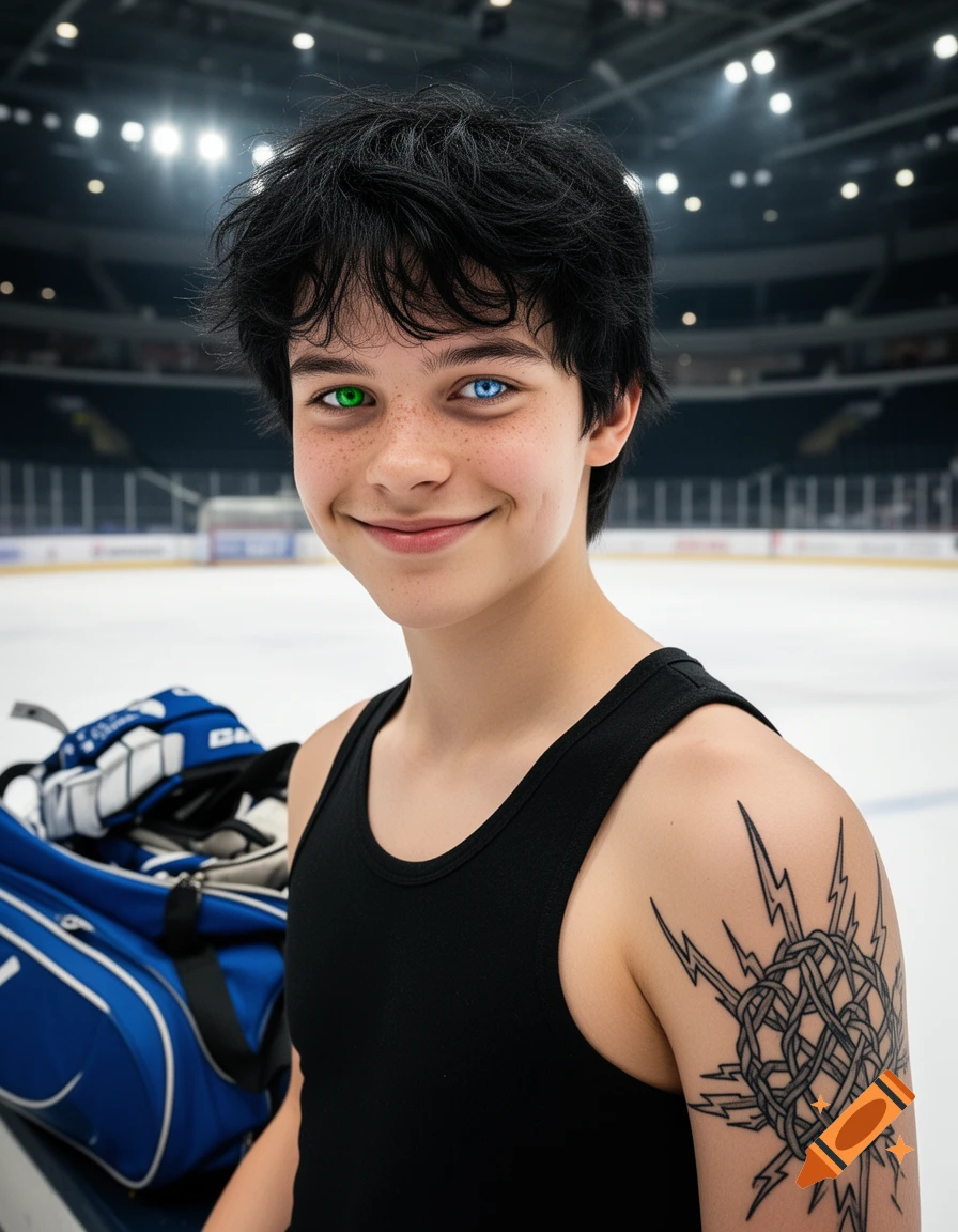 A smiling young boy with messy black hair, a green eye, and a blue eye, wearing a black tank top and a tattoo, in an ice hockey rink next to a blue equipment bag.