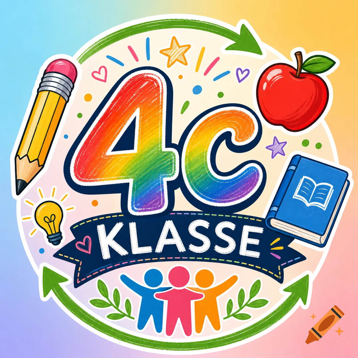 Colorful logo for a 4c class with rainbow '4c', 'KLASSE' text, pencil, apple, book, lightbulb, and three abstract children figures.