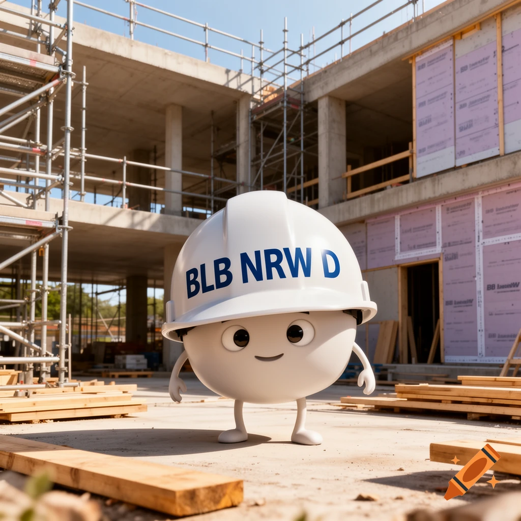 A cute, animated white hard hat character with 'BLB NRW D' on it, standing on a construction site.