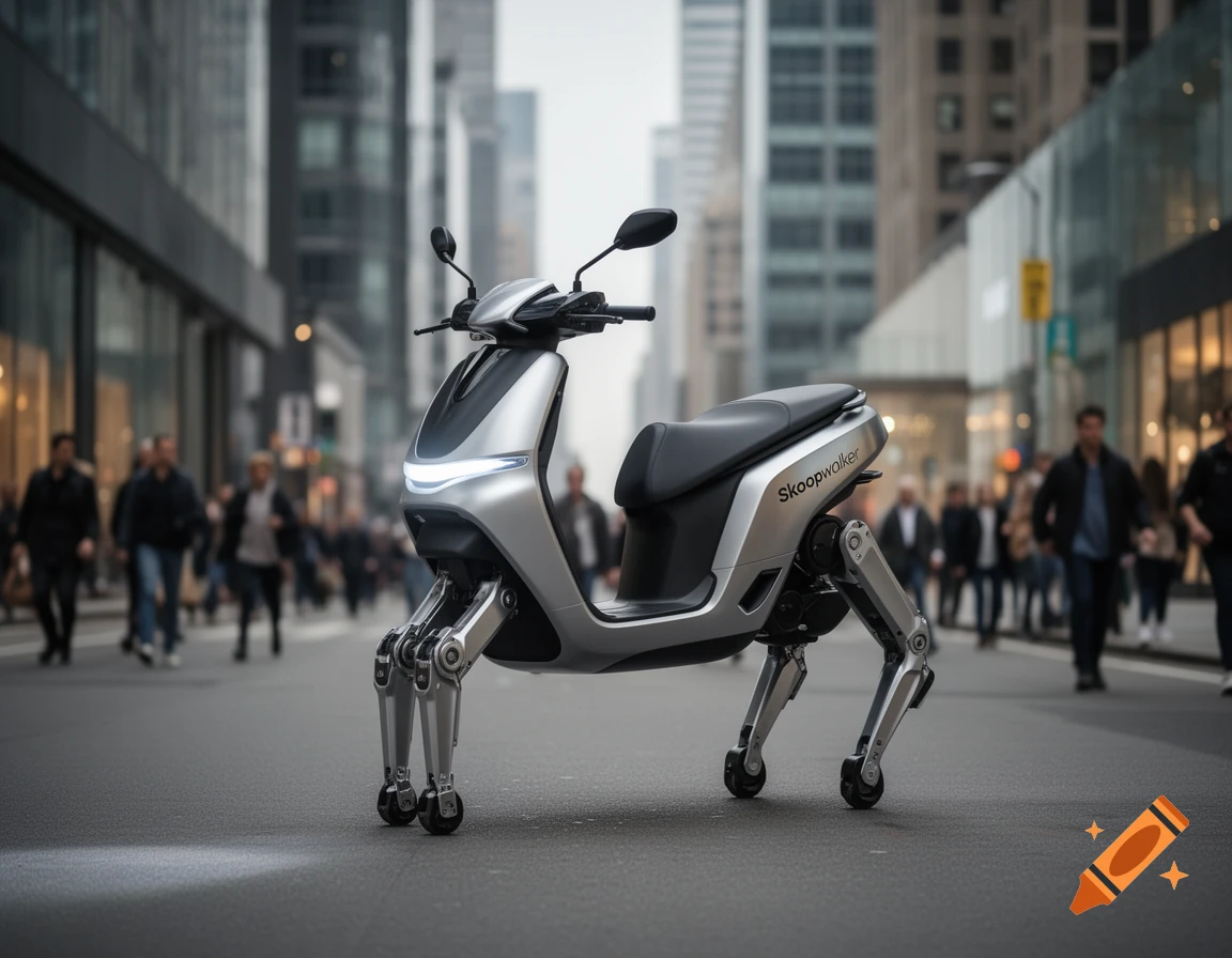 A silver futuristic scooter with robotic walking legs stands on a city street, with blurred buildings and pedestrians in the background.