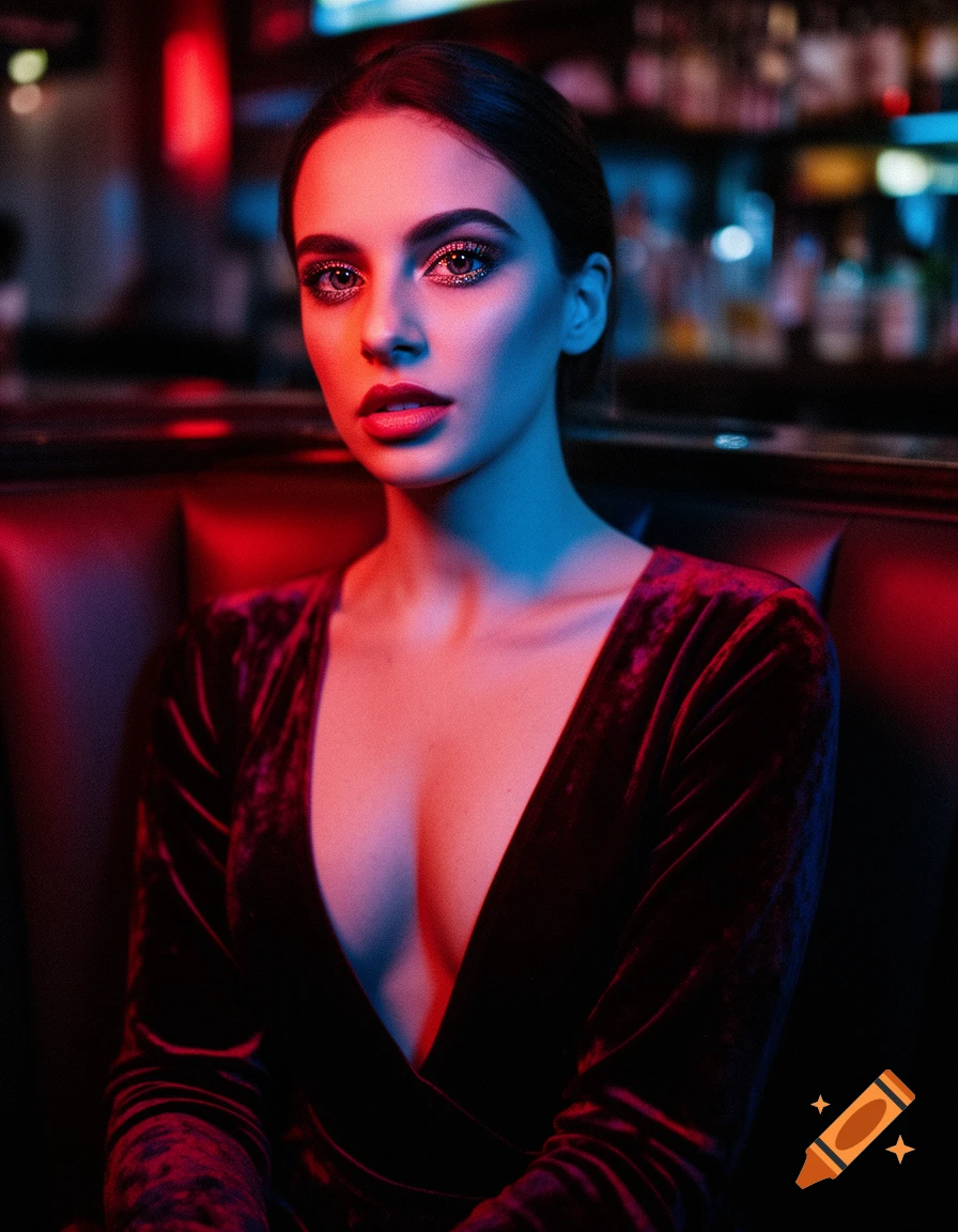 Close-up portrait of a woman with glittery eye makeup, red lipstick, and a velvet dress, lit by red and blue neon in a dark bar.