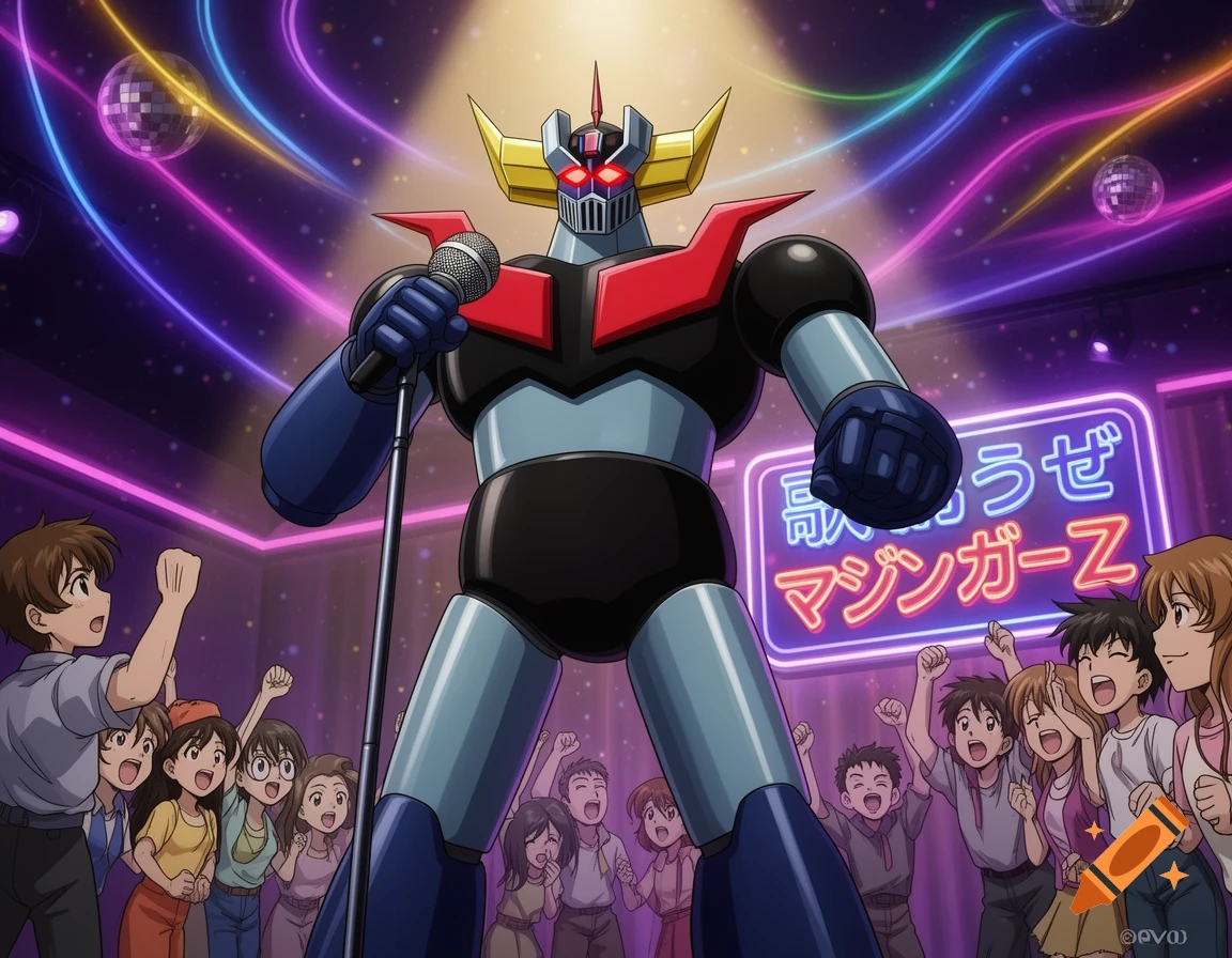 Mazinger Z robot sings karaoke to a cheering crowd under neon lights and disco balls in an anime style.