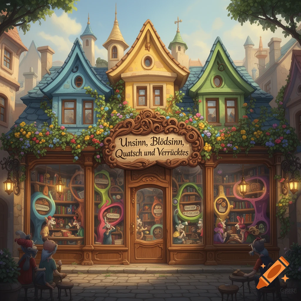 A whimsical, colorful shop/library with a sign reading "Unsinn, Blödsinn, Quatsch und Verrücktes," and anthropomorphic animals inside and outside.