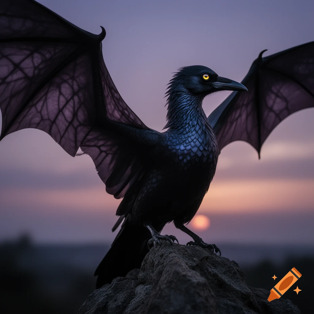 A dark, majestic crow-dragon hybrid with glowing yellow eyes spreads its bat-like wings on a rock at sunset.