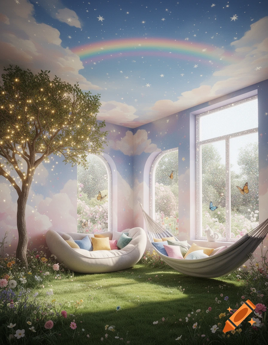 A whimsical indoor garden room featuring a grassy floor, a tree with lights, flowers, a couch, and a hammock. The ceiling is a starry sky with a rainbow.