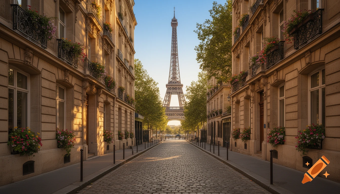 View down a cobblestone street lined with ornate Parisian buildings, leading to the Eiffel Tower in the distance under a clear sky.