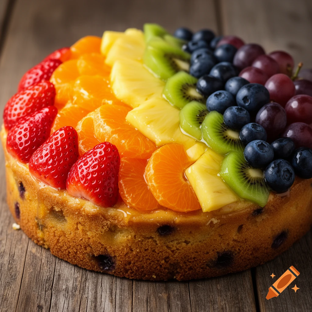 Photorealistic fruit cake topped with strawberries, oranges, pineapple, kiwi, blueberries, and grapes in a rainbow pattern.