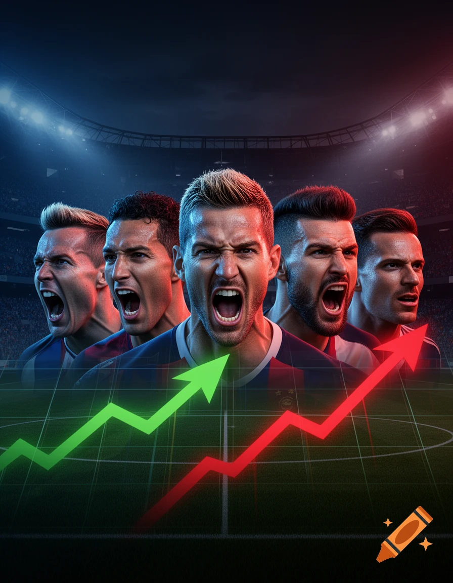Five intense soccer players with shouting expressions against a stadium backdrop with green and red upward trending graphs, digital art.