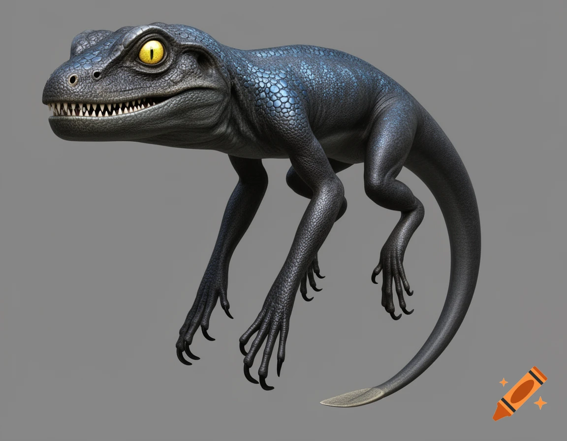 A dark blue and black reptilian creature with glowing yellow eyes, sharp teeth, and long claws stands on a gray background.