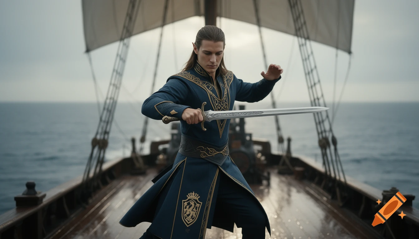 A man with elven features in blue fantasy armor holds a sword on a ship's deck at sea, in a cinematic style.