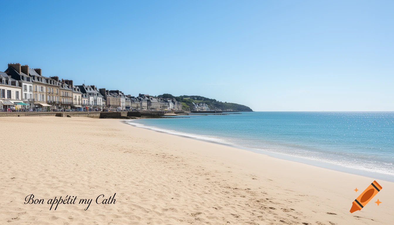 Photorealistic image of a sunny sandy beach with buildings lining the coast and clear blue sea under a bright sky, with "Bon appétit my Cath" in the corner.