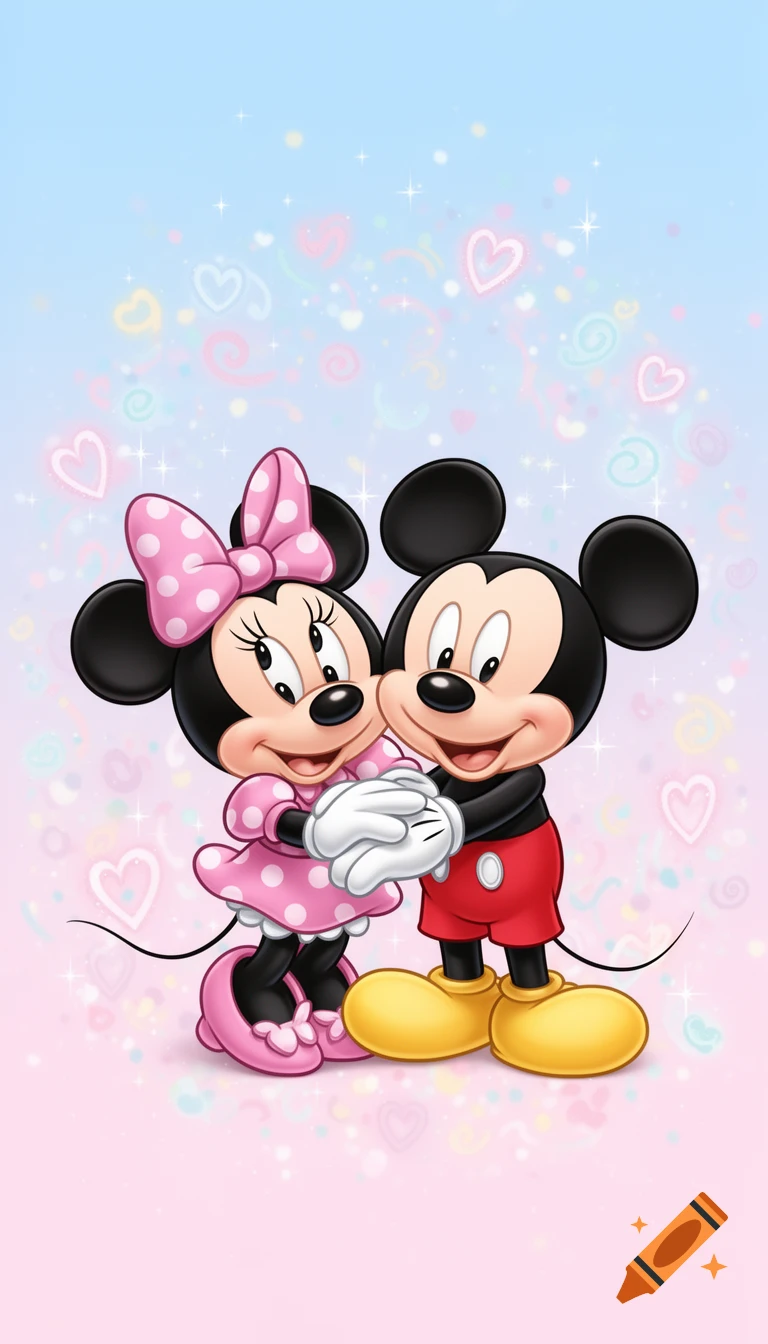 Mickey and Minnie Mouse embrace, surrounded by hearts and sparkles, on a pink and blue gradient background.