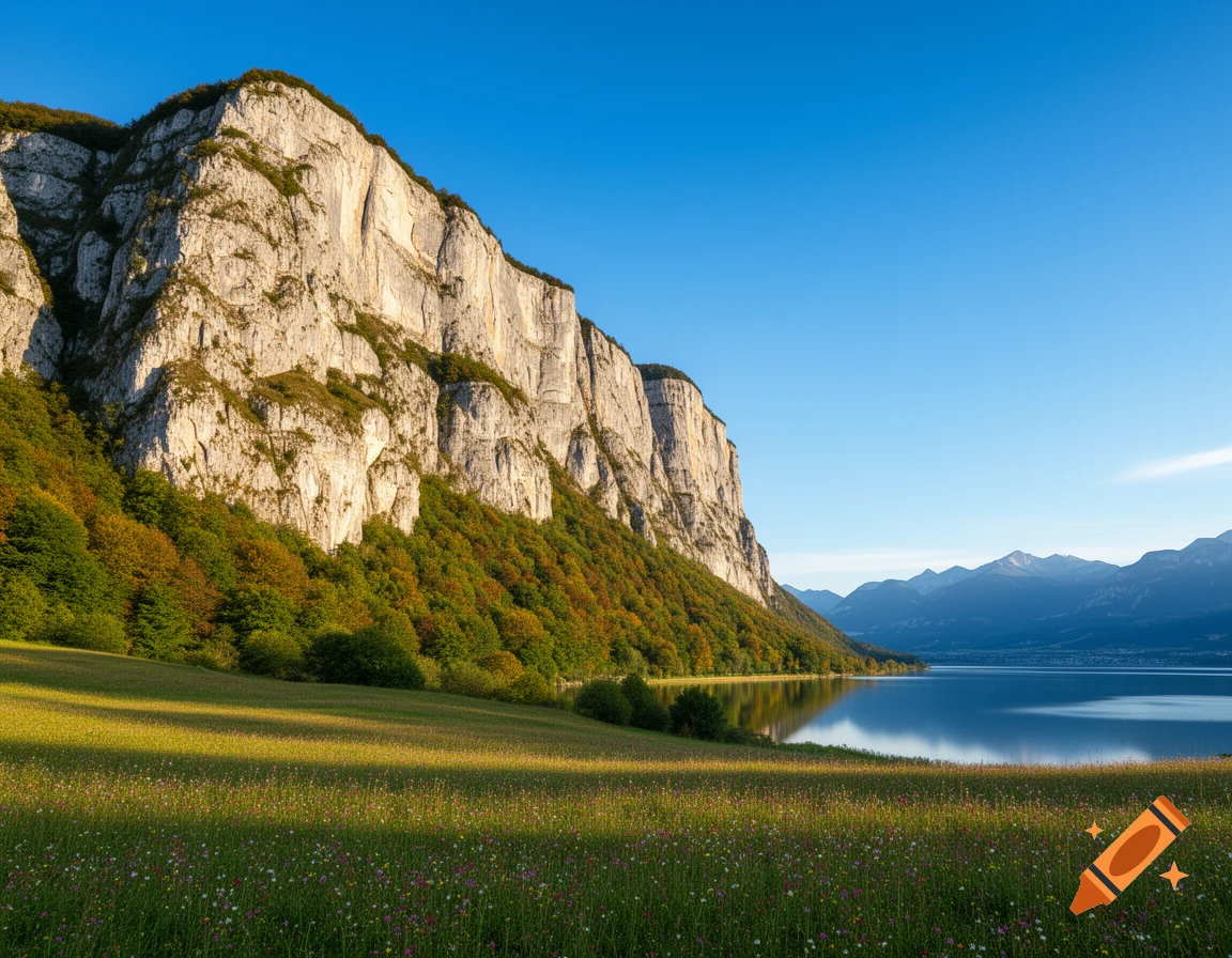 Photorealistic landscape: a towering cliff and wooded slope overlook a calm lake, with a sunlit field of wildflowers.