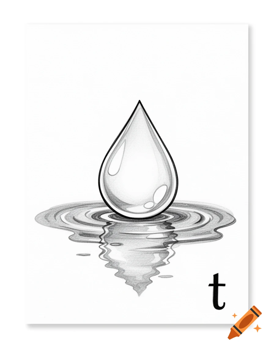 Black and white pencil sketch of a clear water droplet creating ripples, with a lowercase 't' in the bottom right corner.