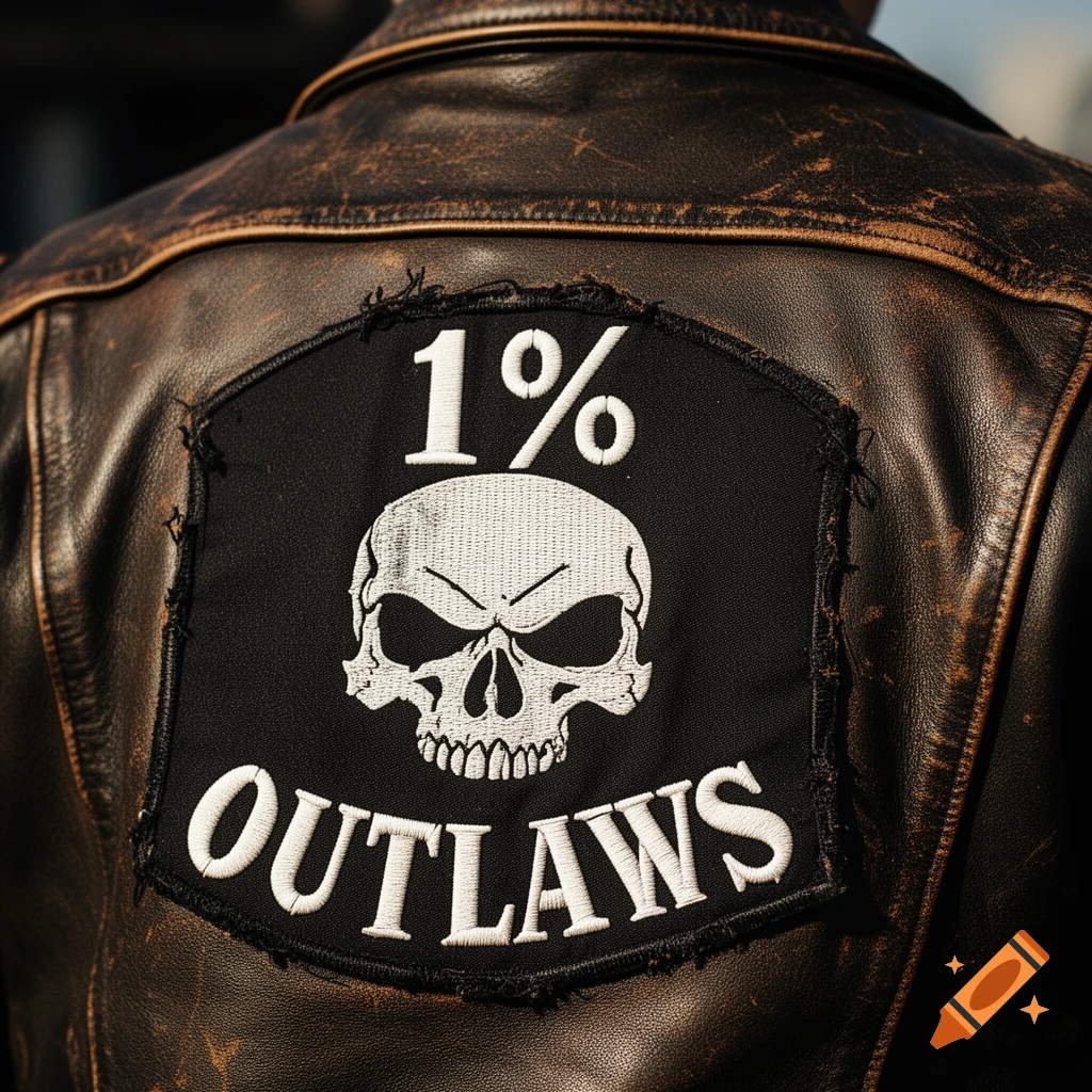 Close-up of the back of a worn brown leather jacket featuring a black embroidered patch with a white skull and the words "1% OUTLAWS" in white capital letters.