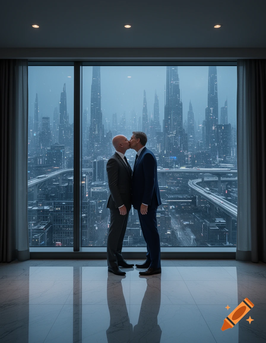 Two men in suits kiss in a high-rise room overlooking a futuristic city skyline.
