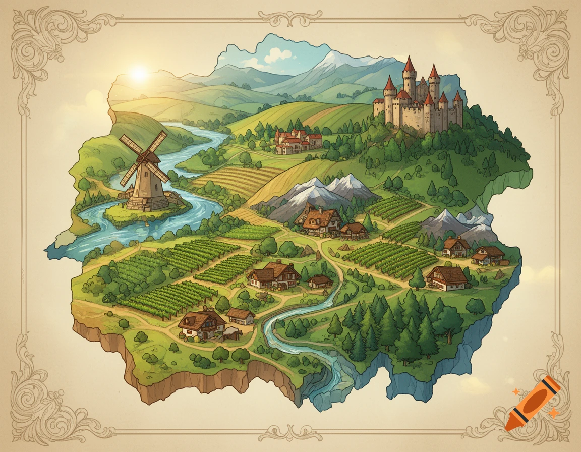 An isometric illustrated fantasy map featuring a castle, windmill, river, villages, and vineyards in a vibrant green landscape.