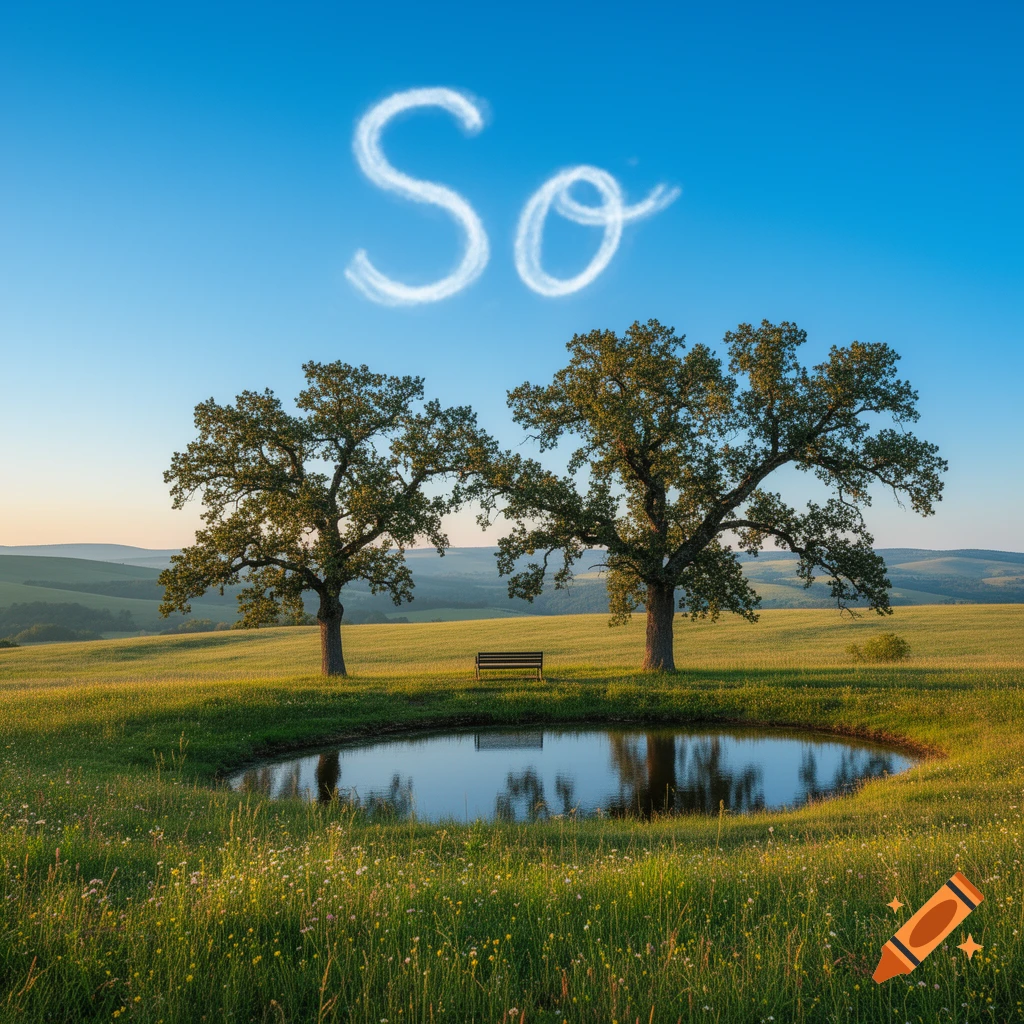 Photorealistic landscape with the word "So" spelled out in clouds above two trees, a bench, and a pond in a grassy field.