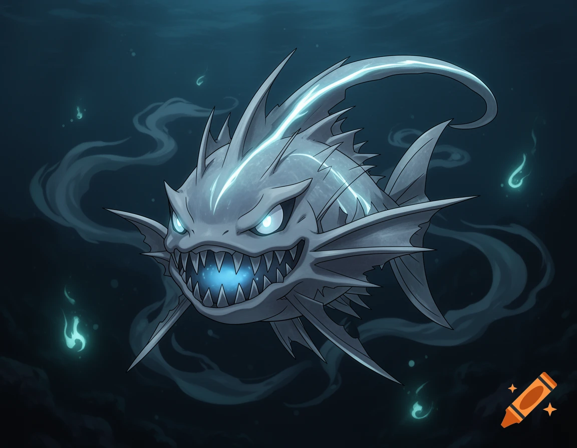 A stylized scary grey fish with glowing blue eyes and mouth, surrounded by ghostly wisps, swims in dark water, in the style of a Pokemon.