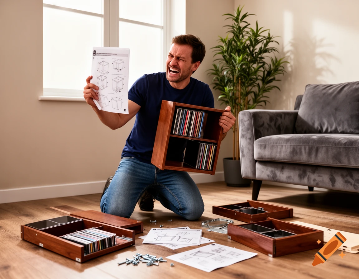 A man kneels on the floor, angrily holding an instruction manual and a partially assembled wooden CD shelf, surrounded by parts.