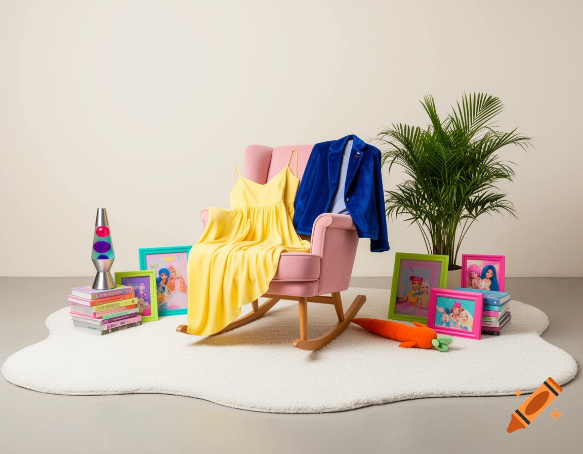 A colorful Y2K-style scene featuring a pink rocking chair with a yellow dress and blue jacket, a lava lamp, books, framed pictures of dolls, a plant, and a carrot plushie on a white rug.