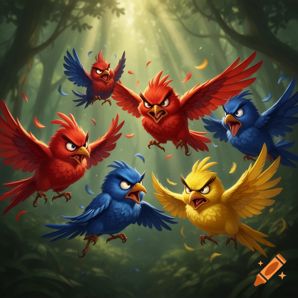 Cartoon angry red, blue, and yellow birds with furious expressions flying amidst feathers in a sunlit forest.