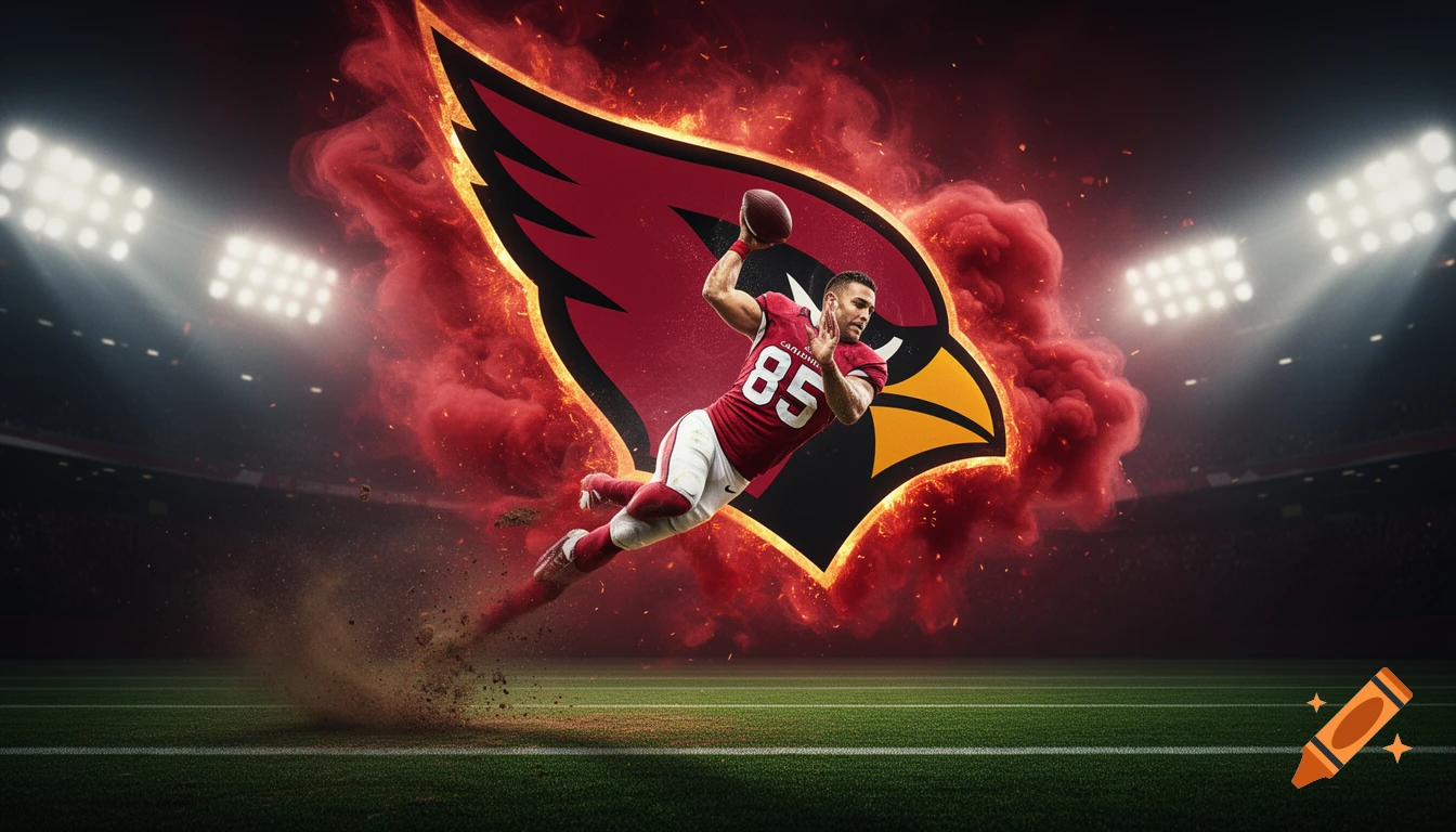 Action illustration of an Arizona Cardinals football player in a red 85 jersey making a diving catch with a fiery bird logo behind him.