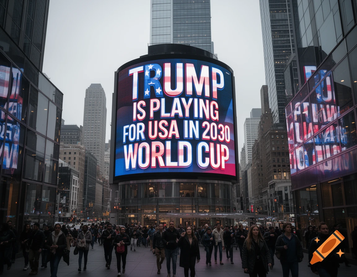 A busy city street with pedestrians and skyscrapers, dominated by a large digital billboard showing "TRUMP IS PLAYING FOR USA IN 2030 WORLD CUP".