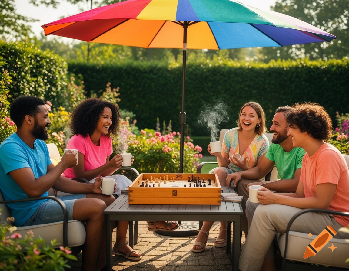 A group of five diverse friends laugh while playing a board game and drinking coffee outdoors under a colorful umbrella.