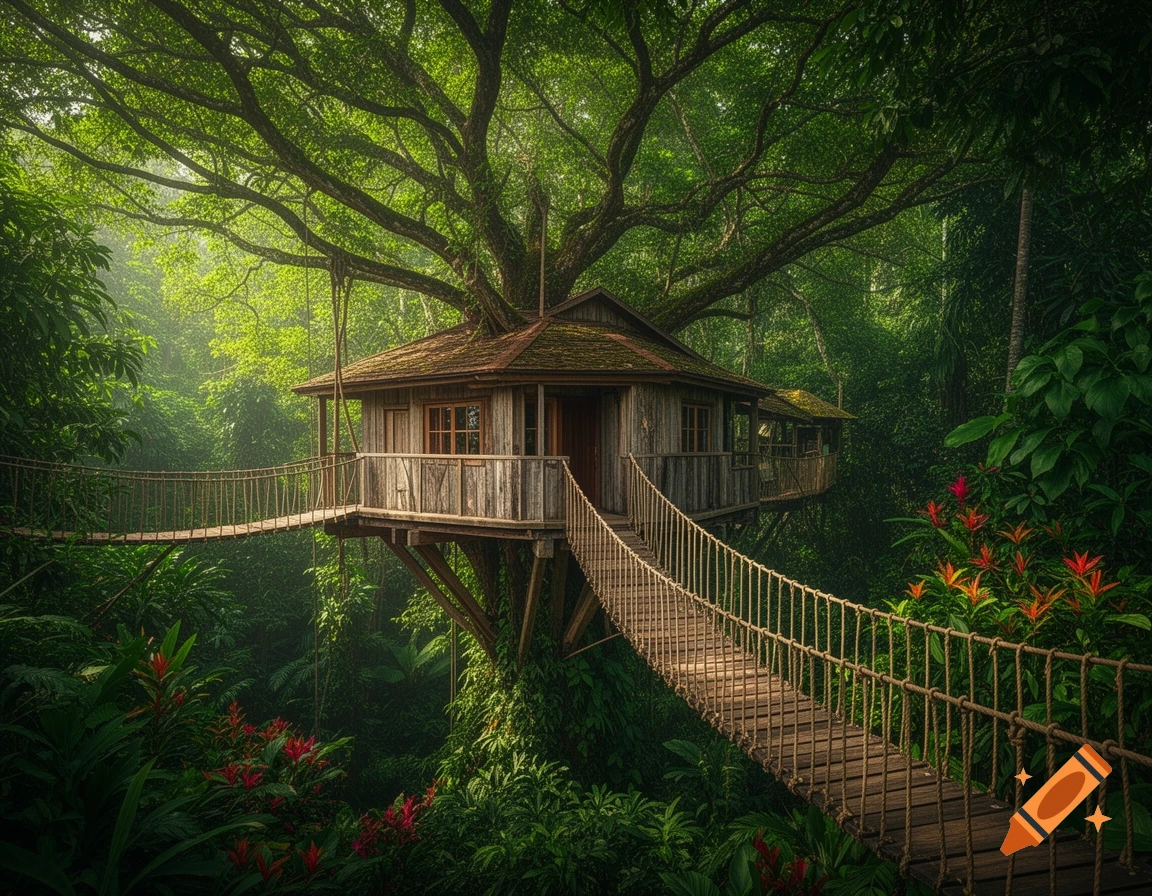 A rustic treehouse with wooden suspension bridges nestled high in a dense, misty rainforest.