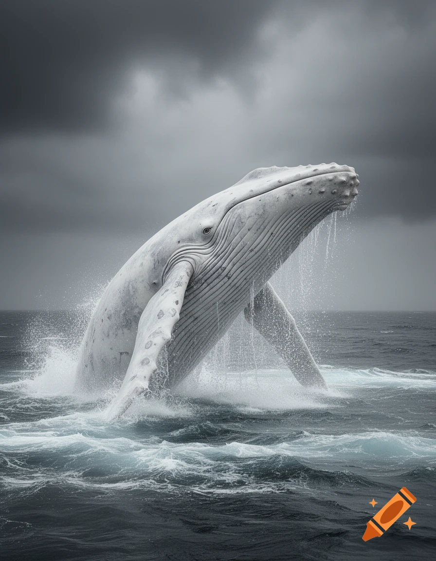 A white humpback whale breaches out of dark, choppy ocean waters under a cloudy, stormy sky.