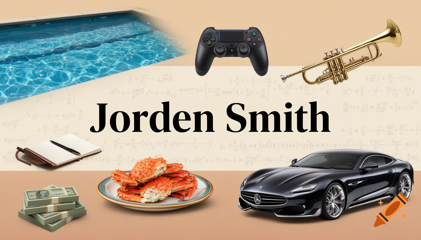 A collage banner for 'Jorden Smith' featuring a swimming pool, game controller, trumpet, notebook, crab legs, money stacks, and a black sports car on a math equation background.