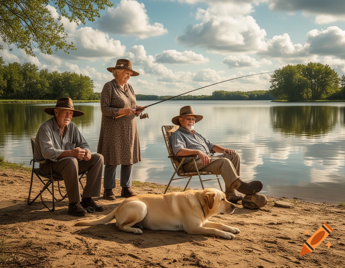 Three elderly people and a yellow dog by a lake, one woman holds a fishing pole while two men relax in chairs.