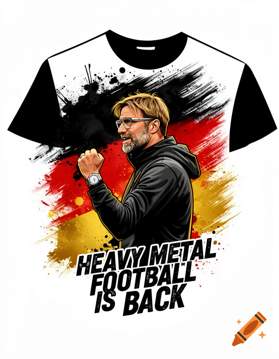 A graphic t-shirt design featuring Jürgen Klopp celebrating with a fist pump, set against a dynamic German flag backdrop. Text reads HEAVY METAL FOOTBALL IS BACK.