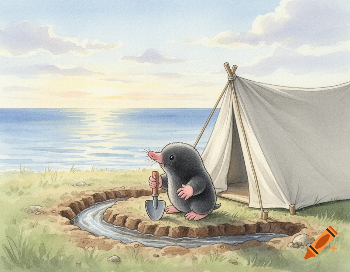 A cute watercolor illustration of a mole with a shovel, digging a trench by a tent and the sea at sunset.