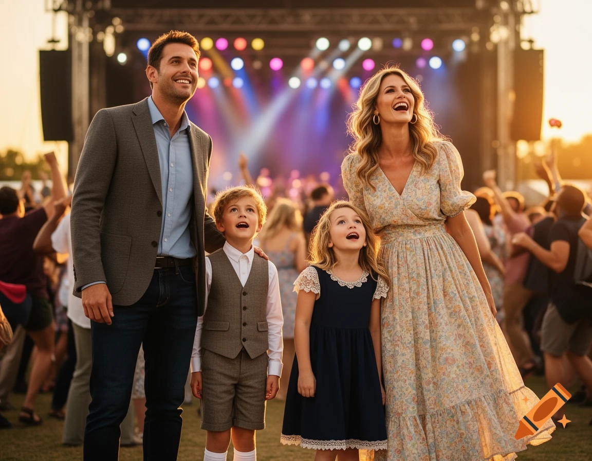 A family of four, parents and two children, smiling and looking up at a brightly lit concert stage at sunset.