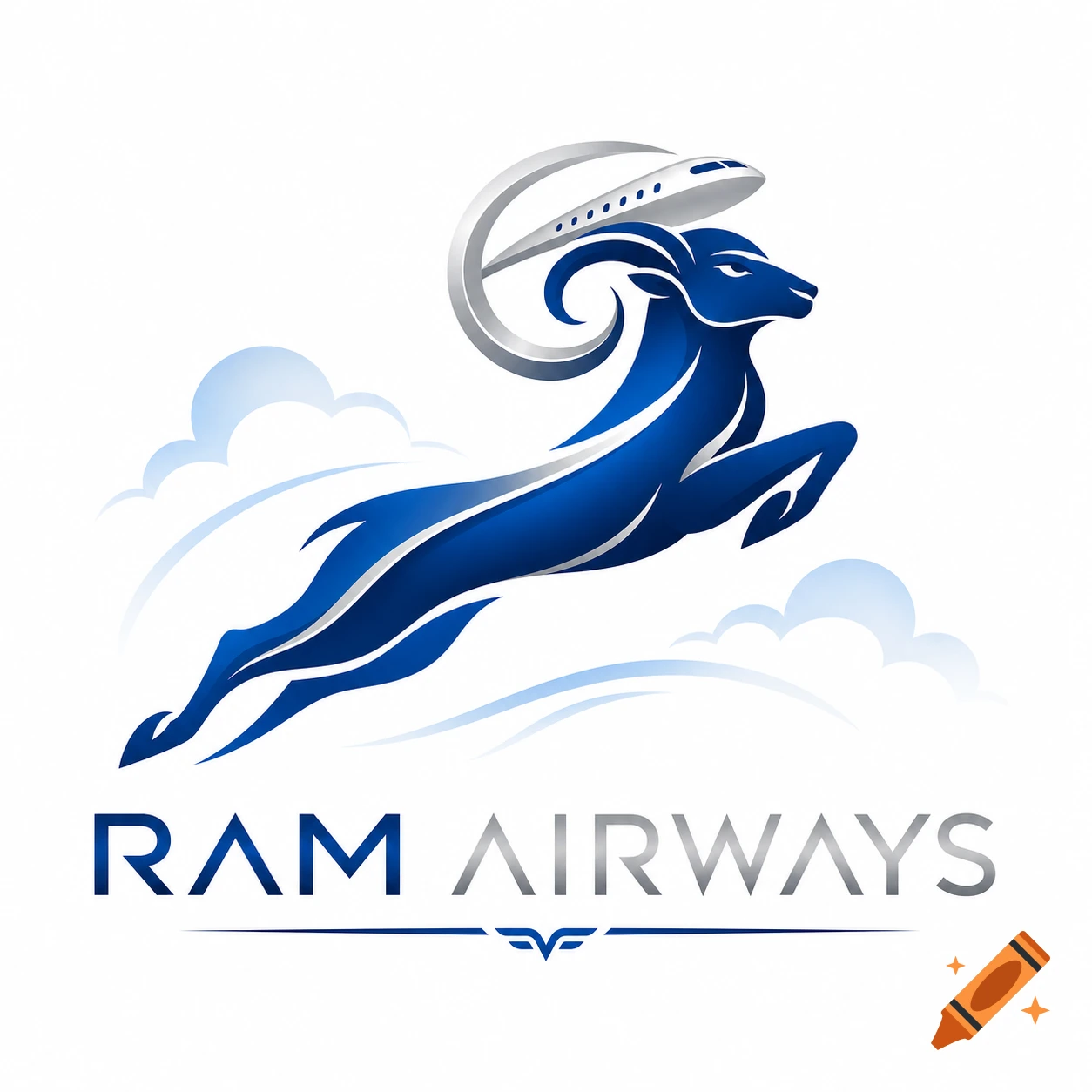 Logo for Ram Airways featuring a stylized blue ram leaping over clouds, with a silver airplane forming part of its horn. Text reads "RAM AIRWAYS".
