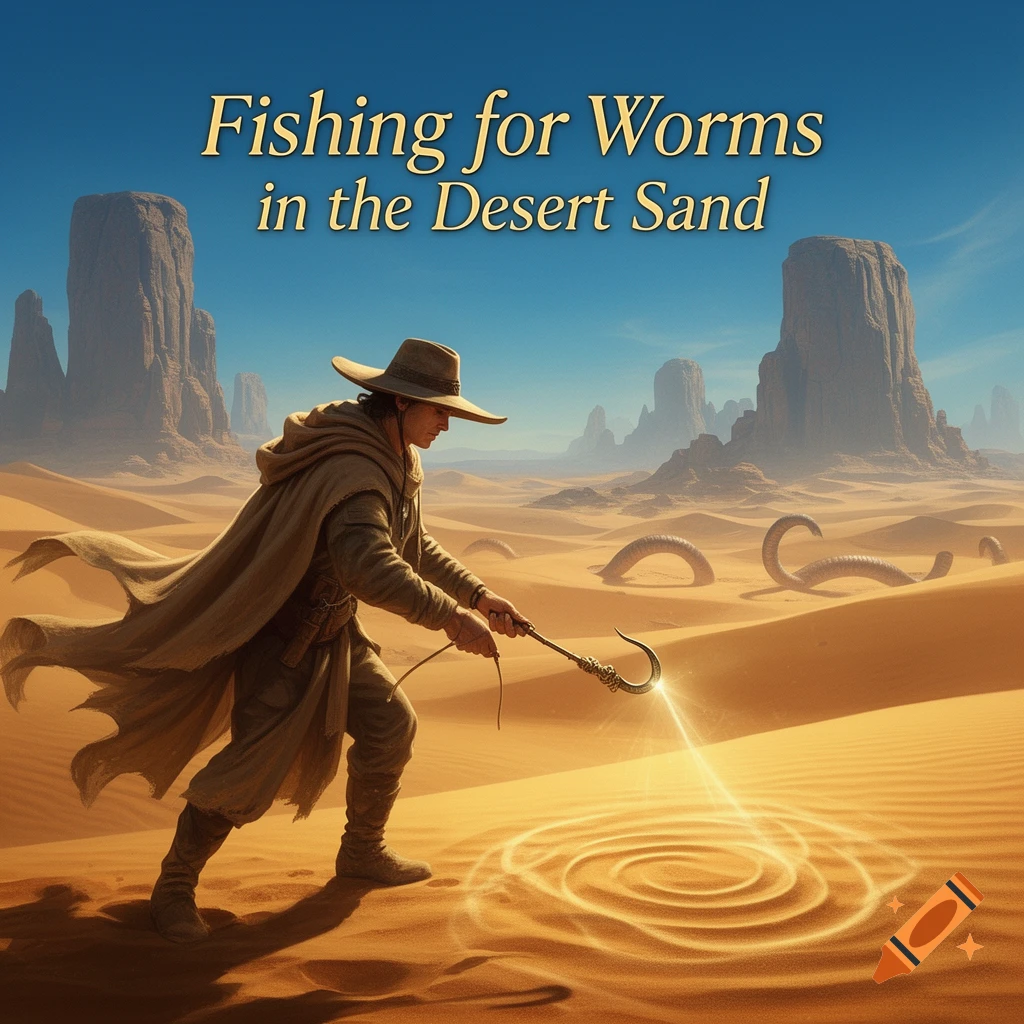 A man in a cloak and hat uses a glowing hook to fish for large sandworms in a vast desert, stylized as an album cover.
