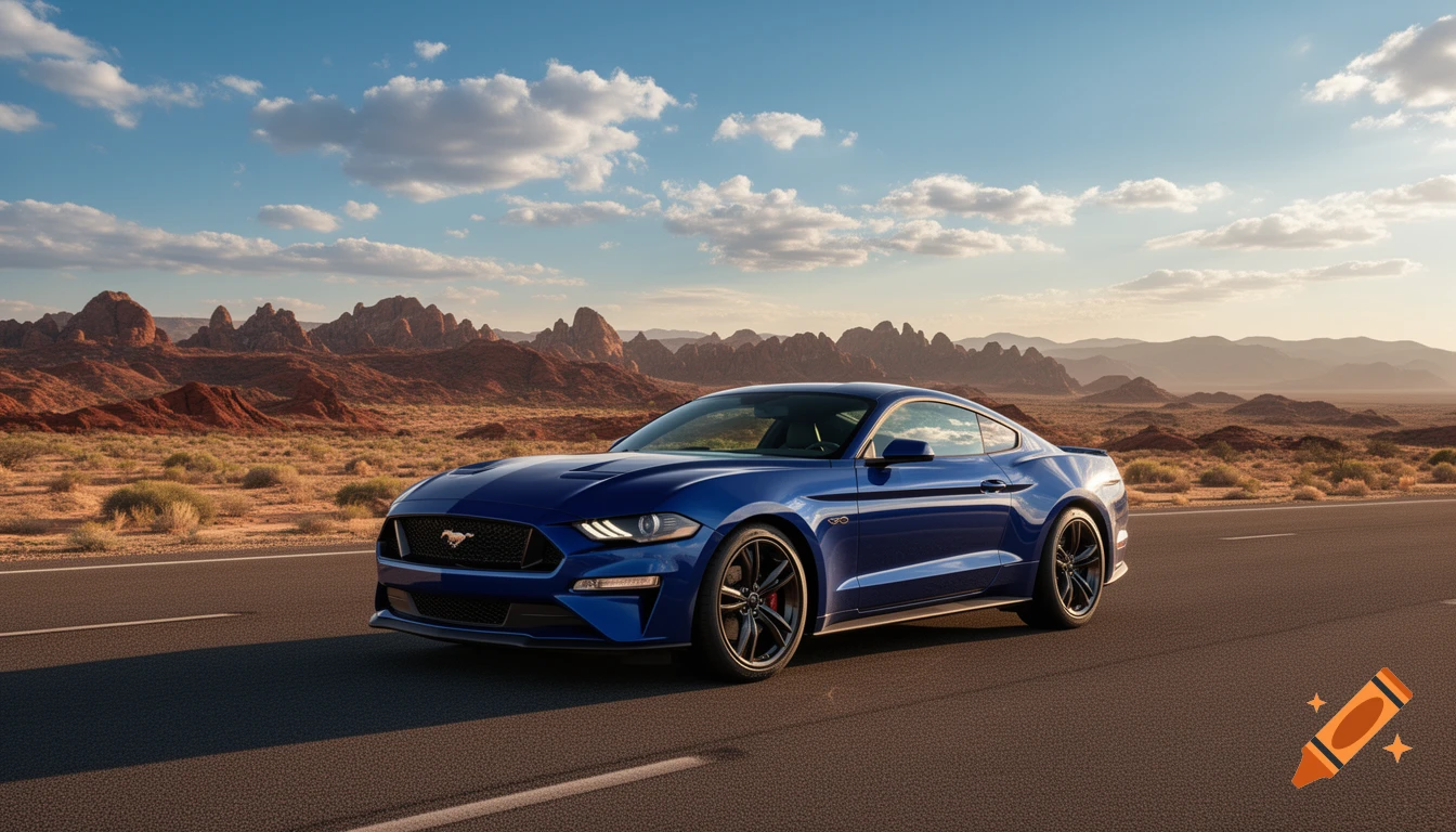Photorealistic image of a blue Ford Mustang on a desert road with red rock mountains under a blue sky.