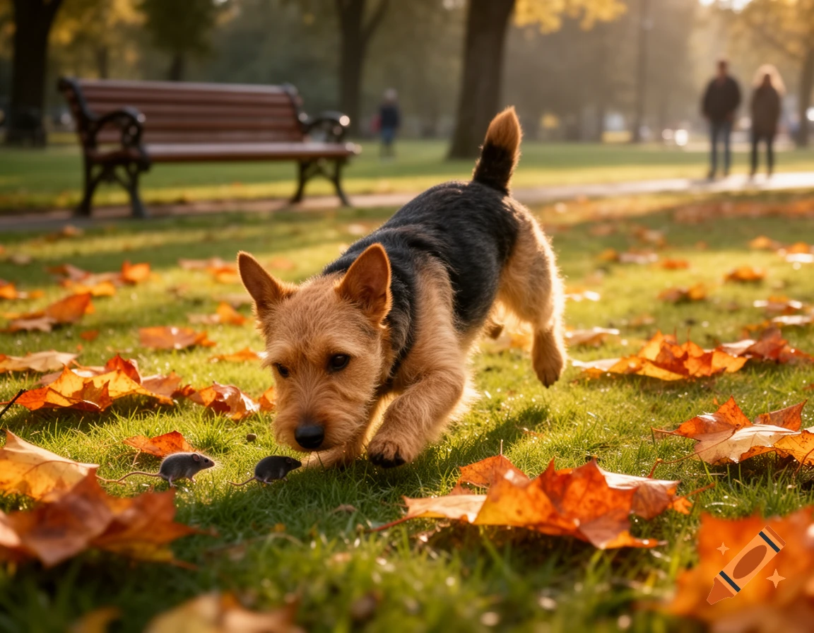 A small terrier dog investigates two toy mice on grassy ground covered in autumn leaves in a sunlit park.