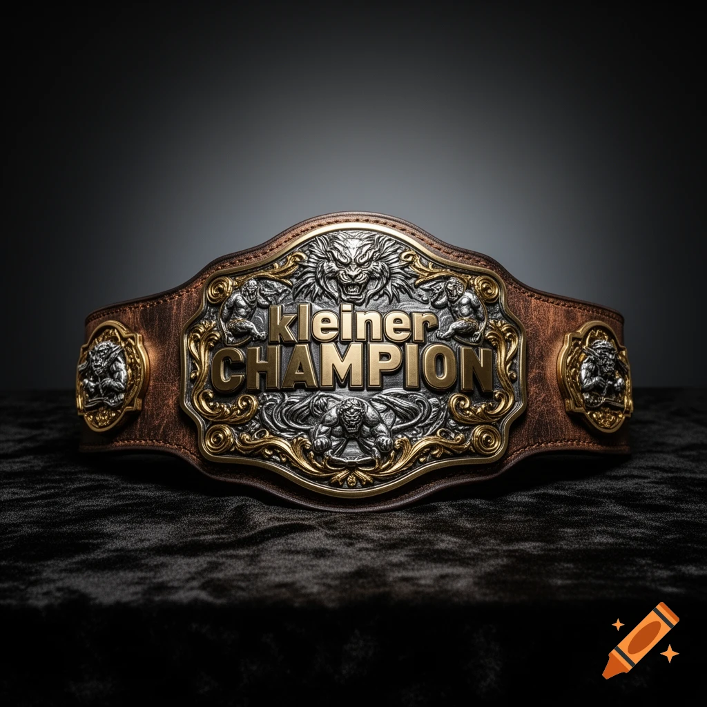 A detailed, gold and silver championship belt with 'kleiner CHAMPION' text, resting on a dark velvet surface.